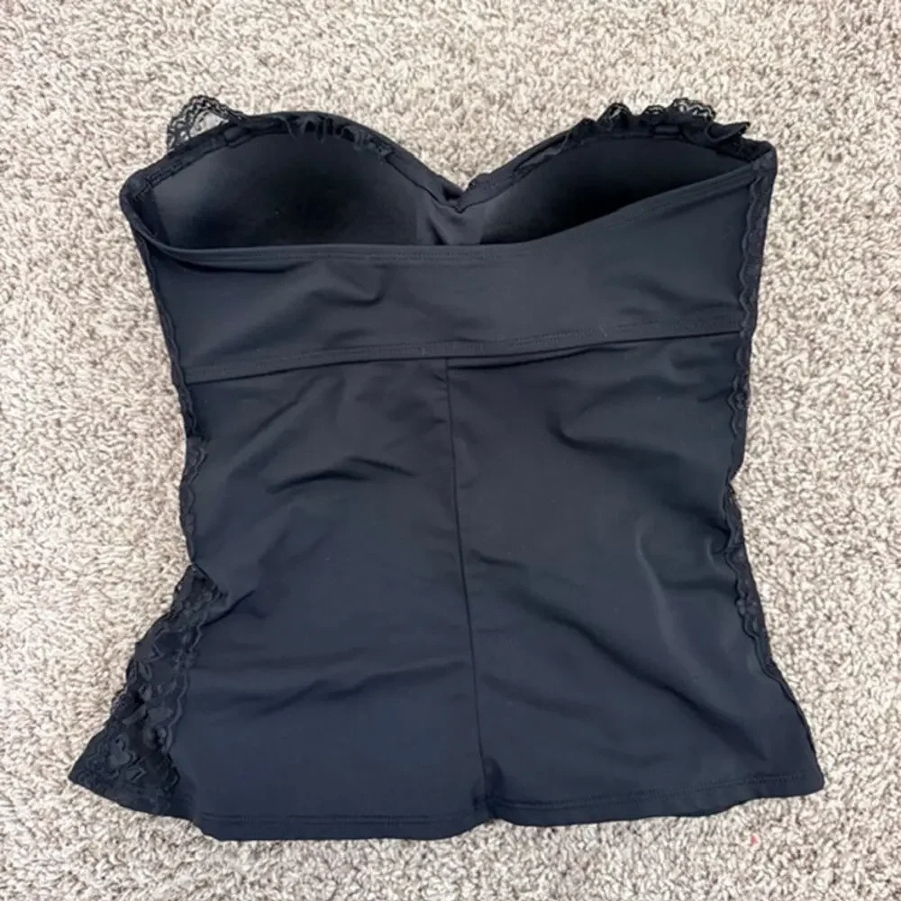Spanx Tankini Strapless Top Women 10 Black‎ Twisted Front Lace Detail Style 1373